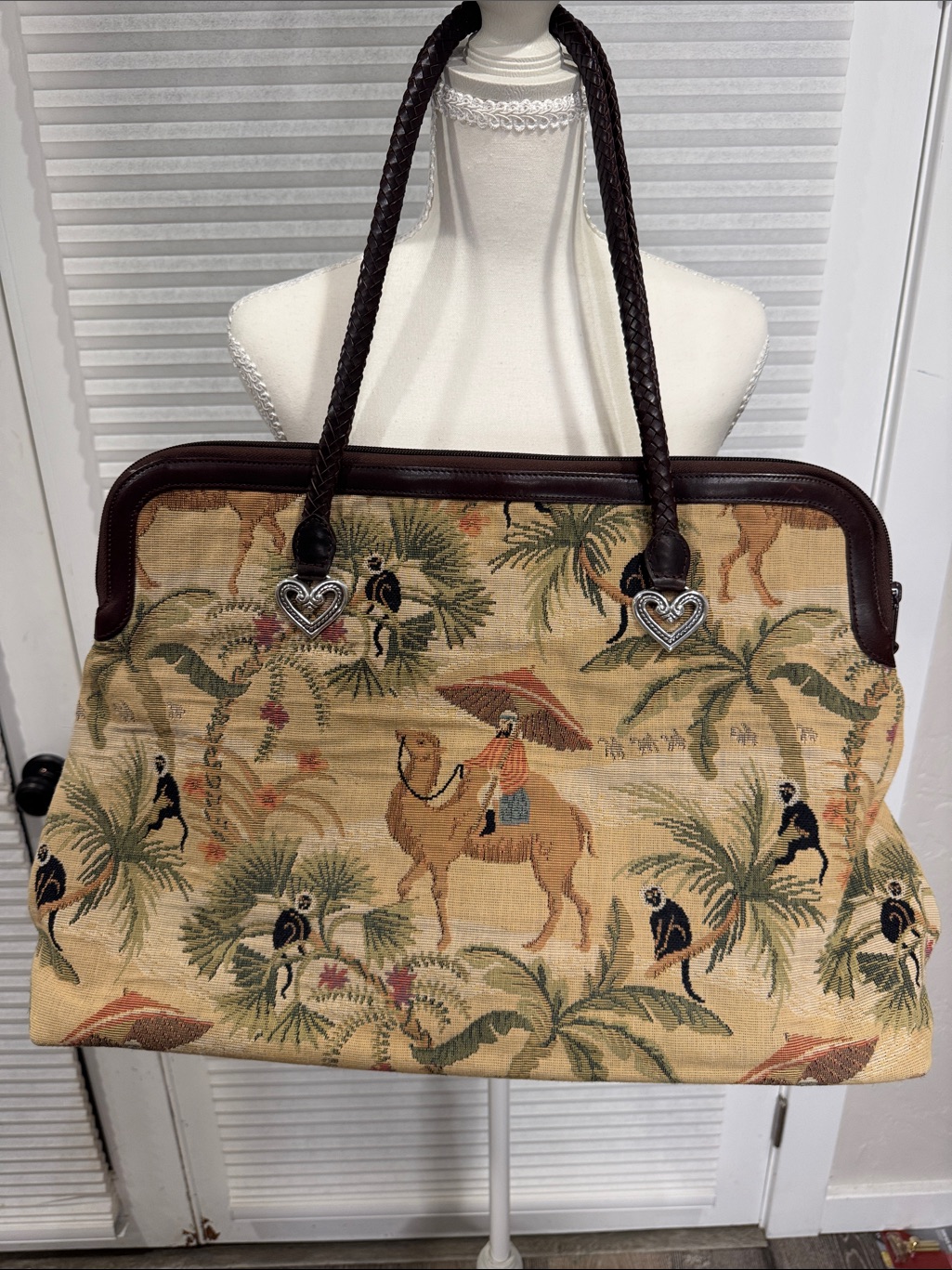Brighton Camel And Monkey Tapestry Leather Duffle Tote Bag Brand New